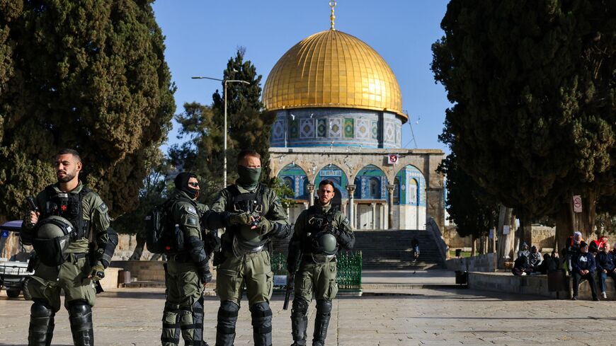 Members of Israeli security forces guard the Al-Aqsa Mosque compound following clashes that erupted during Islam's holy fasting month of Ramadan in Jerusalem on April 5, 2023. 